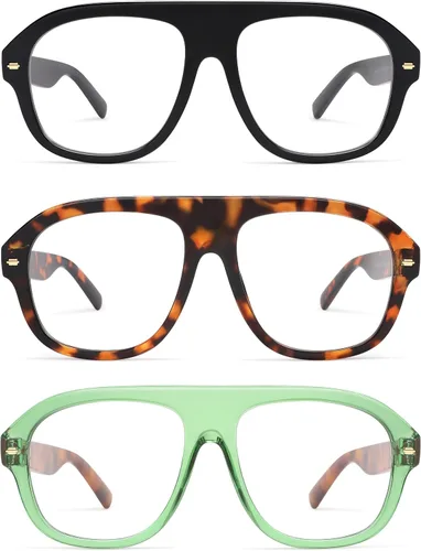 Miniatura 6 de AMOMOMA Paquete de 3 lentes de lectura estilo aviador retro con luz azul para mujeres y hombres, marco grande para lector de computadora AM6163