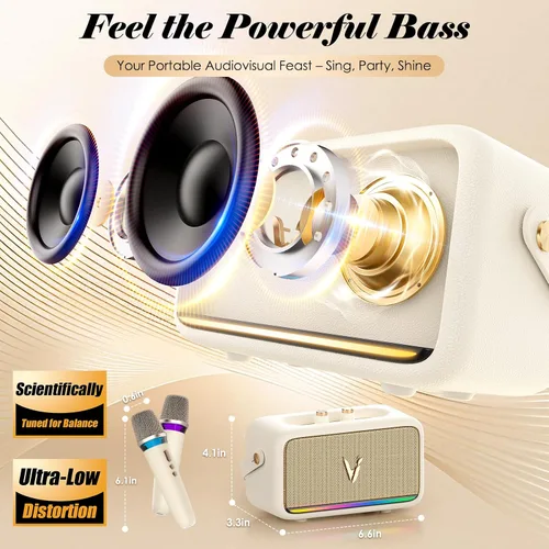 Miniatura 2 de Máquina de karaoke con 2 micrófonos inalámbricos y envoltura de cuero suave Mini altavoz Bluetooth portátil con 5 modos de cambio de voz