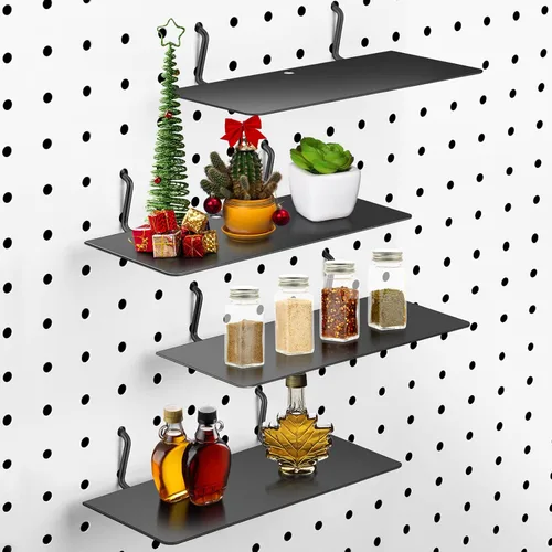 Funrous Paquete de 4 estantes de tablero de clavijas, organizador de pared, soportes de estante de tablero de clavijas, bandeja de acero, accesorios