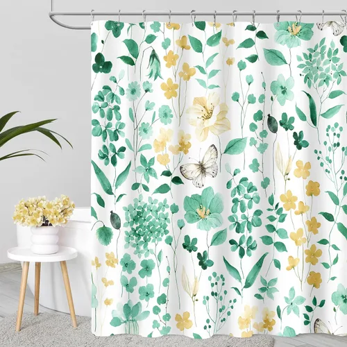 Miniatura 16 de MAYZUS Cortina de ducha con flores azules acuáticas, lindas cortinas de tela con flores para baño, juego de cortinas de tela de aguamarina
