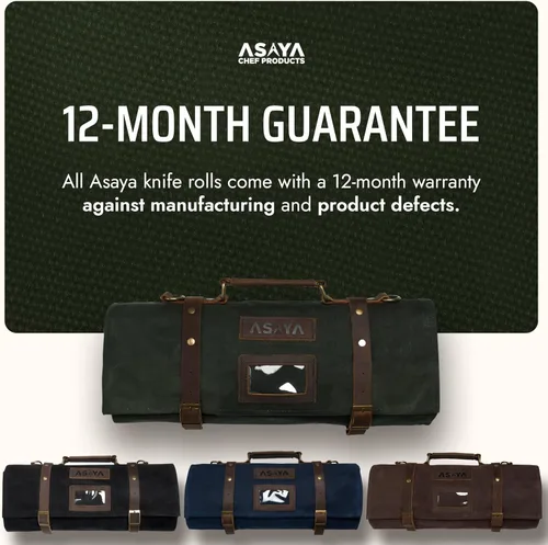 Miniatura 6 de Asaya Bolsa de lona encerada para cuchillos – Bolsa para cuchillos de chef de 15 ranuras con correas de cuero, bolsillo grande con cremallera y Verde