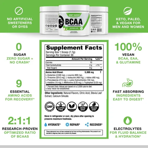 Miniatura 5 de Honey Badger BCAA + EAA Aminoácidos en polvo, BCAA + L-Glutamina, Keto, vegano, sin azúcar para hombres y mujeres, mezcla de bebida de hidratación