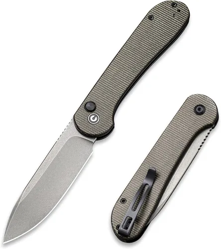 Miniatura 9 de CIVIVI Cuchillo plegable de bolsillo con mango de micarta de hoja 14C28N de 3.47 pulgadas, cuchillo Elementum con bloqueo de botón para EDC C2103D