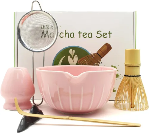 Miniatura 7 de Juego de 7 batidores de matcha – Juego de cerámica con cuenco, batidor, soporte, cuchara de bambú, reposo, tamiz y toalla de té, elegante kit