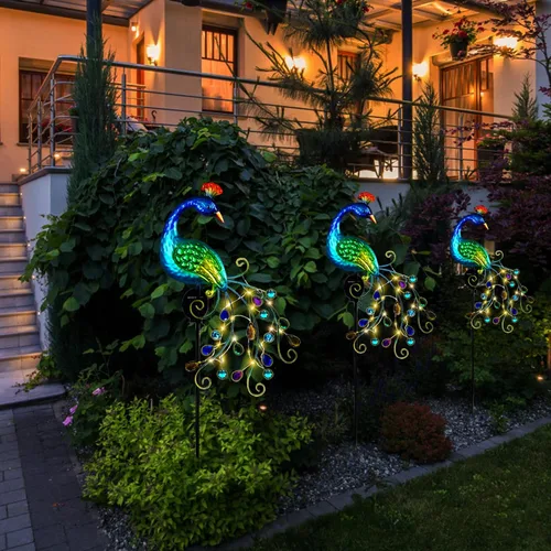 Miniatura 3 de DREAMSOUL Estacas de luz solar de jardín de pavo real de metal al aire libre decorativas - Luz de camino LED solar impermeable de pavo real