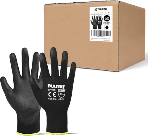 Miniatura 17 de DULFINE Guantes de trabajo de seguridad con revestimiento de poliuretano para hombres y mujeres - 12 pares, guante de punto sin costuras negro