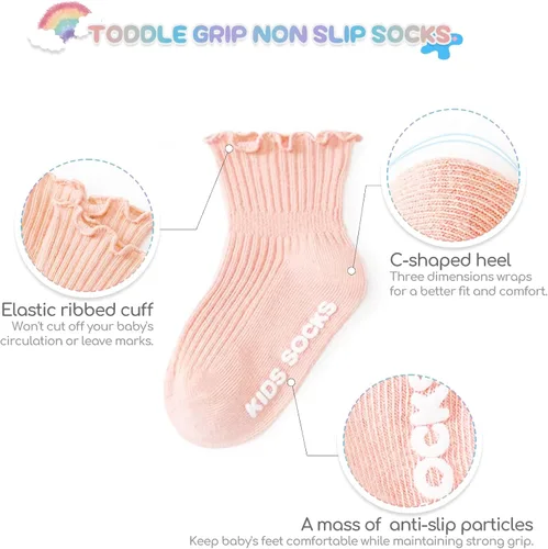 Miniatura 4 de Calcetines antideslizantes para bebés y niñas, calcetines de algodón con empuñaduras, paquete múltiple, calcetines de dibujos animados de tobillo