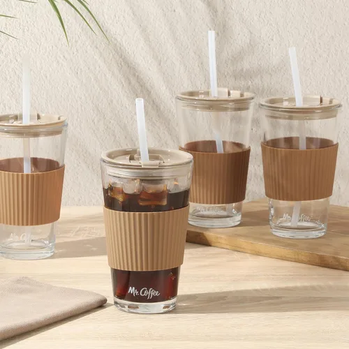 Miniatura 4 de Mr. Coffee Sip Savvy - Paquete de 4 vasos de vidrio marrón latte de 15 onzas con tapas y pajillas, reutilizables para café helado, aptos para Latte