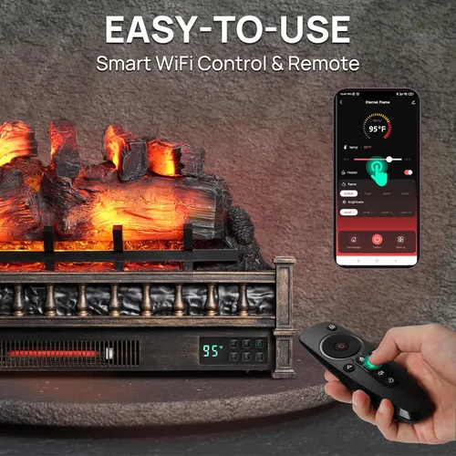 Miniatura 4 de TURBRO Eternal Flame - Calentador eléctrico de cuarzo infrarrojo WiFi de 30 pulgadas con sonido crujiente, troncos de madera de pino realistas