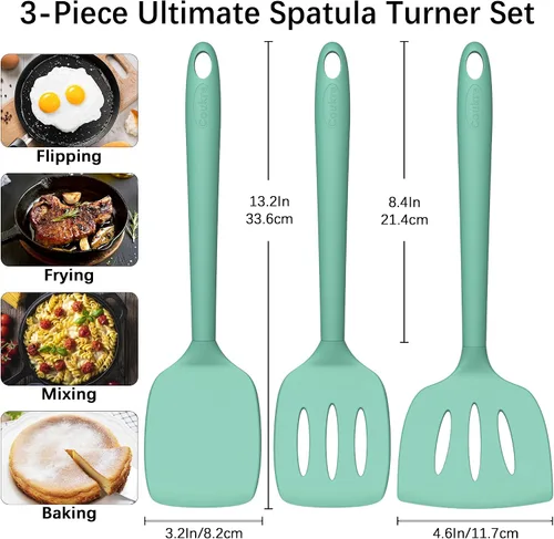 Miniatura 2 de Coukre Juego de 3 espátulas de silicona, resistentes a altas temperaturas, sin BPA, espátula para pescado, volteador sólido y con ranuras