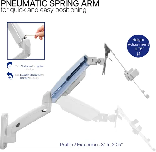 Miniatura 3 de VIVO Soporte de pared para portátil de brazo extendido neumático ajustable en altura, bandeja articulada de movimiento completo, se adapta a Blanco
