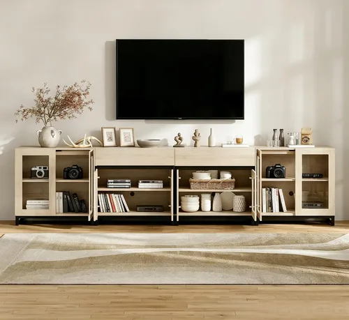 Miniatura 8 de WAMPAT Soporte de TV 3 en 1 para televisores de hasta 100 pulgadas, moderno centro de entretenimiento con puertas de vidrio y cajón, consola de TV