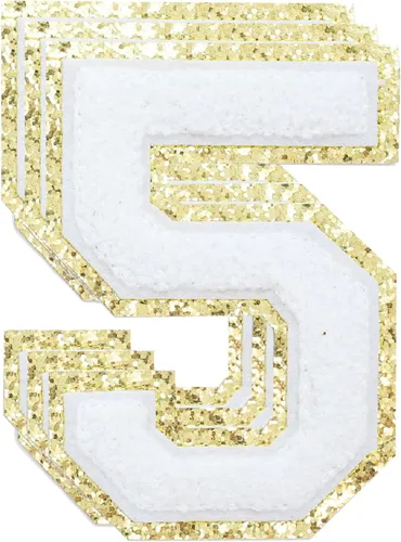 Miniatura 206 de 3 parches de números de chenilla negra, tamaño grande de 4-1/2" parches de números para planchar, parches universitarios para ropa, 8" Borde oro rosa