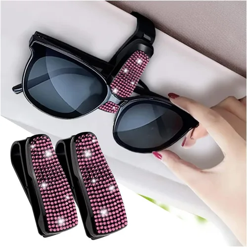 Juego de 2 soportes para gafas de sol para visera del coche con diamantes de imitación brillantes con esponja antiarañazos, decoración de automóvil