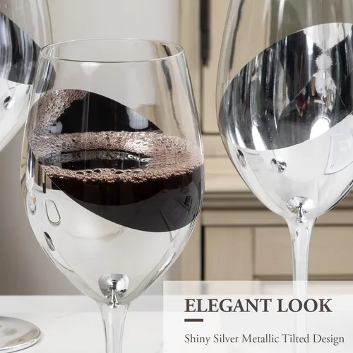 Miniatura 2 de MyGift Juego de 4 copas de vino modernas de tallo largo plateado para vino blanco o tinto con elegante diseño en ángulo plata (juego de 4)