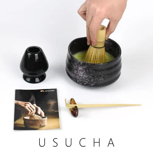 Miniatura 6 de Artcome Kit de ceremonia de matcha para ceremonia de té japonesa, cuenco tradicional de matcha, batidor, cuchara de té, colador de polvo matcha, Cian