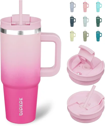 Miniatura 17 de BJPKPK - Vasos con aislamiento térmico, con asa y pajilla, vasos térmicos de acero inoxidable de 40 onzas con tapa, color rosado claro Rosa claro