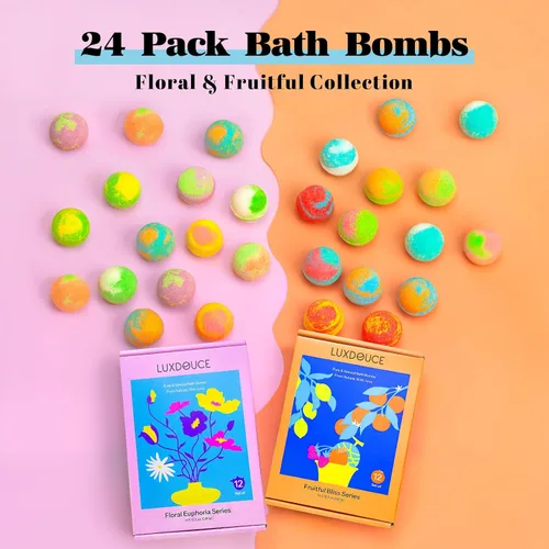 Miniatura 2 de Bombas de baño de regalo, paquete de 24 bombas de burbujas con 12 aromas únicos, colecciones florales y afrutadas, calmante para la piel y mejora