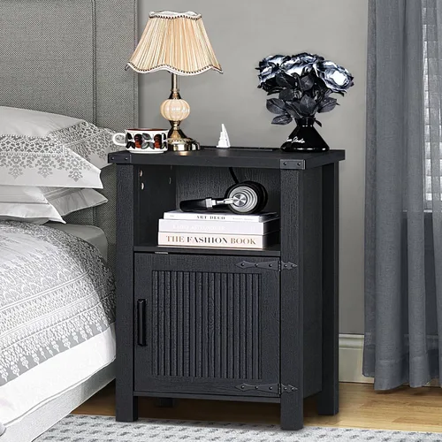 Miniatura 6 de Joaxswe Mesita de noche rústica de 18 pulgadas con estación de carga y puerto USB, mesa auxiliar rústica para sofá con puerta magnética, mesas Negro