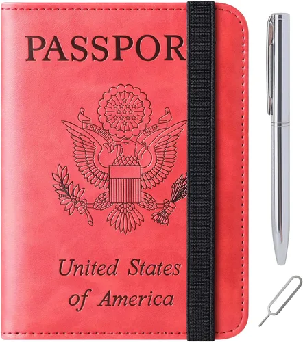 Miniatura 19 de Funda para pasaporte, cartera, artículos esenciales de viaje, de cuero, estuche con bloqueo RFID, equipaje de vacaciones, artículos imprescindibles