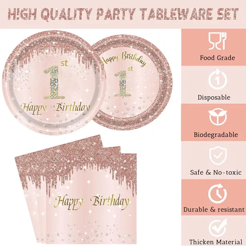 Miniatura 3 de 24 juegos de decoración de cumpleaños de oro rosa para niñas 1 juego de platos y servilletas y tenedores suministros de fiesta para niños de 1 año