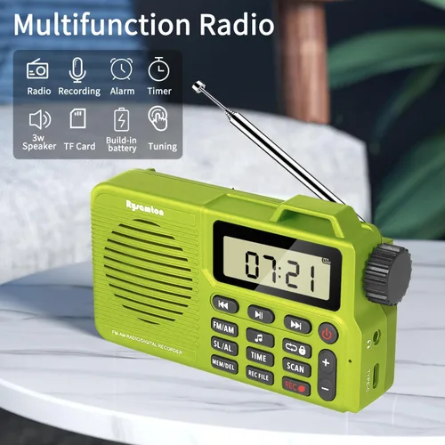Miniatura 2 de Radio AM/FM portátil, grabadora de radio digital, altavoz Bluetooth 5.0, función de alarma y sueño, pantalla de hora de 12/24 horas (amarillo verde)