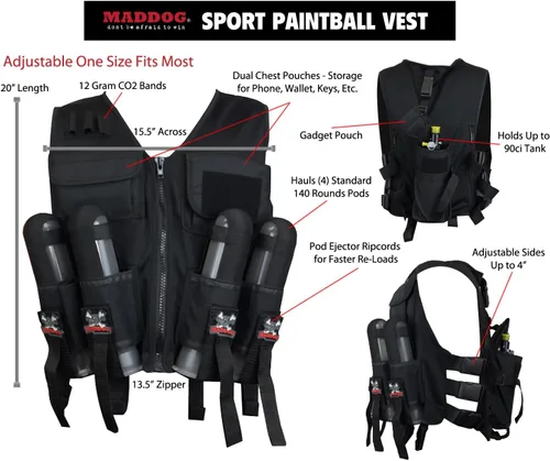 Miniatura 2 de Maddog Chaleco táctico ligero de paintball - Capacidad para 4 cápsulas y tanque 90ci Chaleco solamente