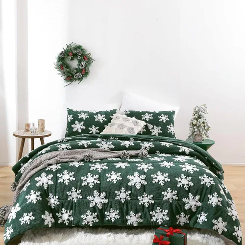 Miniatura 2 de JANZAA - Juego de ropa de cama navideña tamaño matrimonial, juego de edredón de terciopelo color esmeralda con copos de nieve blancos