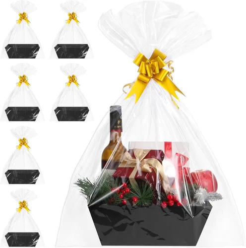 Miniatura 21 de AFOROEOA Paquete de 10 cestas vacías para regalos, cesta de regalo de papel kraft de 10 x 12 pulgadas de grosor con 10 lazos, 10 bolsas vacías