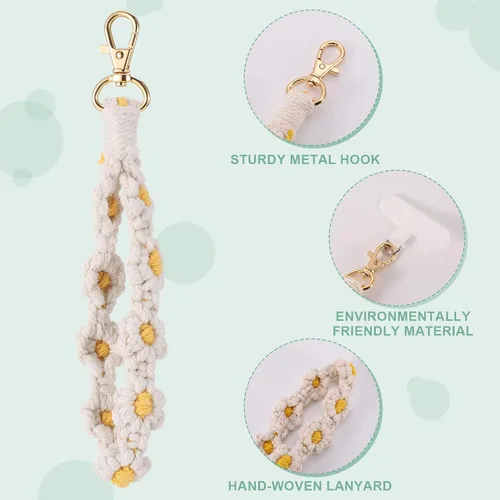 Miniatura 2 de Jspupifip 2 piezas de correa de muñeca para teléfono estilo macramé boho, linda correa de teléfono celular con pestaña de sujeción, pulsera de Blanco