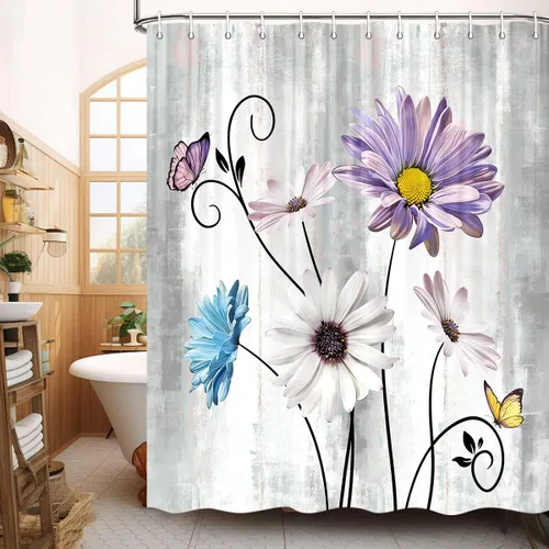 Miniatura 23 de JAWO Cortina de ducha con diseño floral de margaritas azules, cortina de ducha rústica de granja y mariposa en el campo, juego de cortinas de ducha