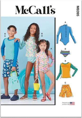 McCall's Body para niños, protector contra erupciones, bikini, pantalones cortos y patrón de costura superior, código de diseño M8395, tallas