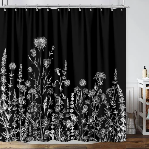 Miniatura 12 de Cortina de ducha de mariposa floral negra y dorada, cortina de ducha bohemia con diseño botánico de flores oscuras para baño con gancho, juego