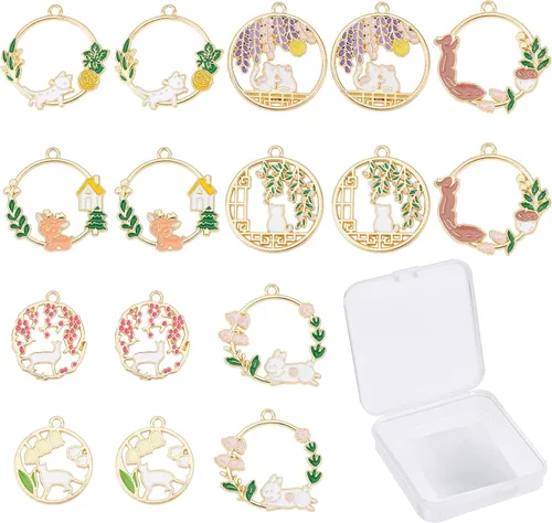 Miniatura 10 de SUNNYCLUE 1 caja de 16 piezas de 8 estilos esmaltados de flores, gato, Pascua, vacaciones, conejo, dijes de aleación de flores de esmalte a granel