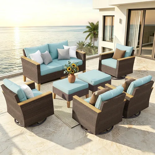 Miniatura 20 de PHI VILLA Otomana de mimbre para patio, 2 piezas, asiento otomano de mimbre para todo tipo de clima, reposapiés para exteriores con cojines
