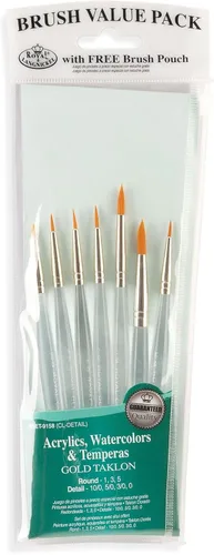 Royal & Langnickel RSET-9158 Royal Zip N' Close Gold Taklon - Juego de pinceles para detalles de mango acrílico transparente, 10.5 x 3.9 x 0.5,