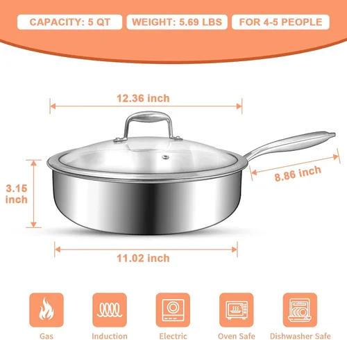 Miniatura 2 de EWFEN Sartén de Acero Inoxidable de Tres Capas de 12 Pulgadas, Sartén Profunda para Freír con Tapas, Compatible con Todas las Superficies de Cocción