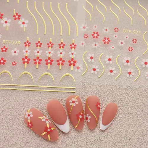 Miniatura 5 de Calcomanías de arte de uñas de línea francesa, línea dorada, negro, blanco, rojo, rosa, azul, flores, diseños autoadhesivos, calcomanías