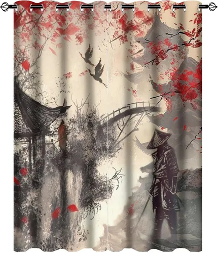 Miniatura 15 de Cortinas opacas abstractas japonesas samuráis para dormitorio, caballo samurái rústico, rojo, ojal, aislamiento térmico, cortinas de oscurecimiento