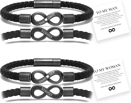 Pulsera trenzada de acero inoxidable con nombre doble y nombre para pareja, regalo para esposa/marido