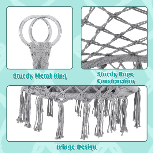 Miniatura 4 de KROFEM Silla Hamaca Colgante Balanceante de Macramé con Cojín Mediano, Perfecta para Dormitorio, Porche, Adultos, Balcón, Gris Gris ordinario