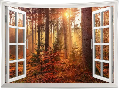 Miniatura 5 de HVEST Tapiz de bosque otoñal para colgar en la pared, hojas de arce naranja y sol, tapiz para colgar en la pared, tapiz de hojas de árbol de otoño