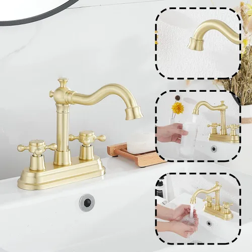 Miniatura 5 de Llave de baño GGStudy de oro cepillado, de 2 asas, de 4 pulgadas, llave central para baño con montaje de drenaje y manguera de suministro, llave