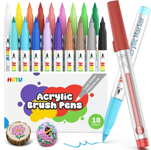 HOTU Marcadores de pintura acrílica, punta de pincel, 18 colores con 300% más marcadores acrílicos de tinta para niños y adultos, rellenos de