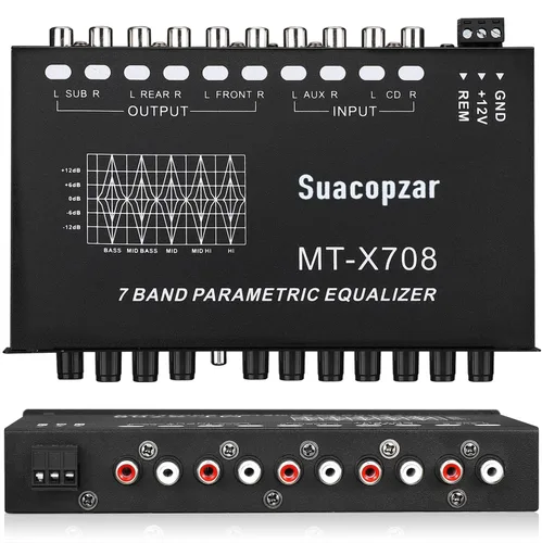 Ecualizador de audio para automóvil de 7 bandas, ecualizador gráfico de 7 bandas con salida frontal, trasera + subsalida, CD/AUX en interruptor