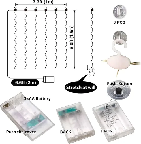 Miniatura 5 de HXWEIYE - Tira de luces cortas blancas para ventana pequeña, 3.3x5 pies, luz de hadas con temporizador y 8 clips para dormitorio, luz de 96 LED
