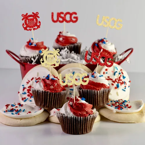 Miniatura 5 de 24 piezas de decoración de cupcakes de la Guardia Costera de la USCG con purpurina militar encuadernado con emblema para magdalenas, insignias