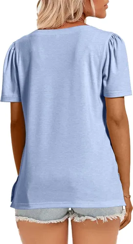 Miniatura 60 de JomeDesign - Camisetas casuales de verano para mujer, manga corta, cuello redondo, manga abullonada