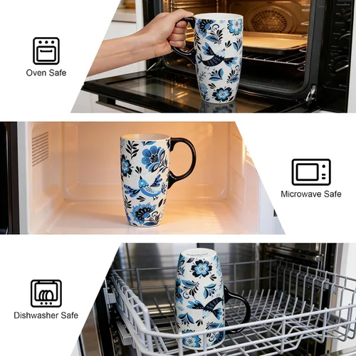Miniatura 4 de Topadorn Taza de Café de Cerámica de Viaje con Tapa y Caja de Color, 17oz Termo de Café Apto para Microondas y Lavavajillas, Pájaro Azul