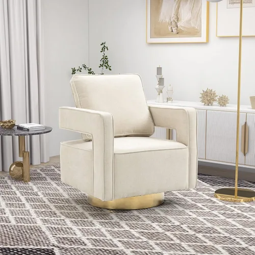 Betoko Silla giratoria con diseño de barril, moderno sillón con respaldo abierto con base de metal dorado, silla tapizada de felpilla con almohada